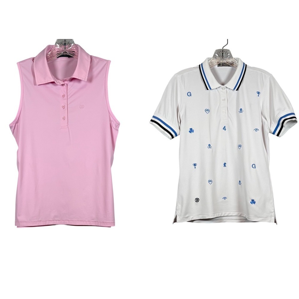 G/FORE Women's Golf Shirts, Pink Nylon Tech, White Embroidered Icon Tech, Small